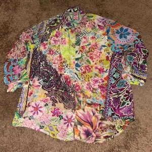 Johnny Was Floral Paisley Patchwork Button Down Blouse Sz XL